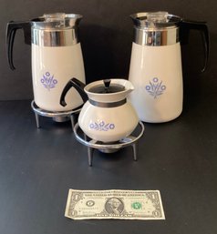 2 CorningWare Coffee Percolators & 1 CorningWare Tea Pot With 2 CorningWare Metal Candle Warmers