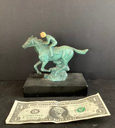 Vintage Spelter Jockey And Horse In Motion Mounted On Painted Metal Base