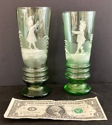 2 Antique Mary Gregory Hand Blown Green Drinking Glasses