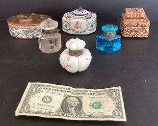 6 Antique Glass, Metal, Porcelain, & Ceramic Inkwells