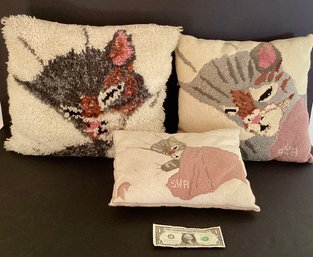 3 VintageThrow Pillows In Needlepoint And Wool Latch Hook  Cat Design