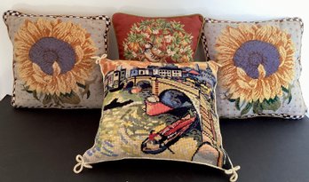 4 Handmade Needlepoint Throw Pillows With Velvet Backing