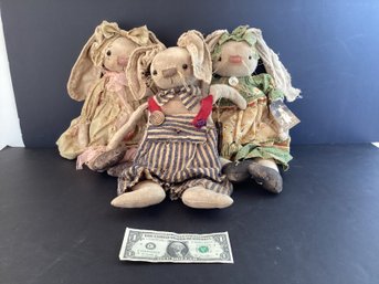 3 One Of A Kind Primitive  Folk Art Bunnies: All New With Tags By Artist Louise Allen For Ragg Bagg Babies