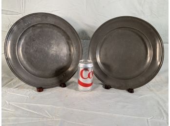 Pair Of 19th C. Stamped English Pewter Chargers Or Alms Dishes