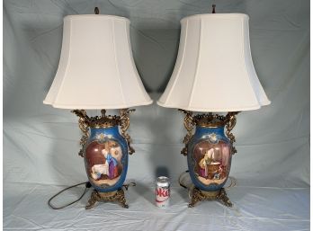 Large Pair Of Antique Hand Painted  Old Paris Porcelain & Bronze Lamps