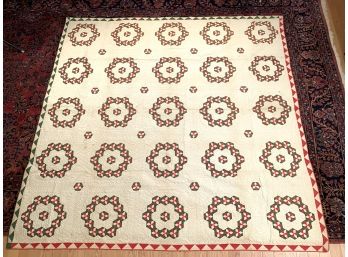 Antique King Size Hand Stitched Cotton Christmas Quilt Featuring Star & Wreath Pattern