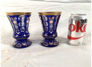Pair Of Moser Cobalt Blue Cut To Clear Decorative Vases