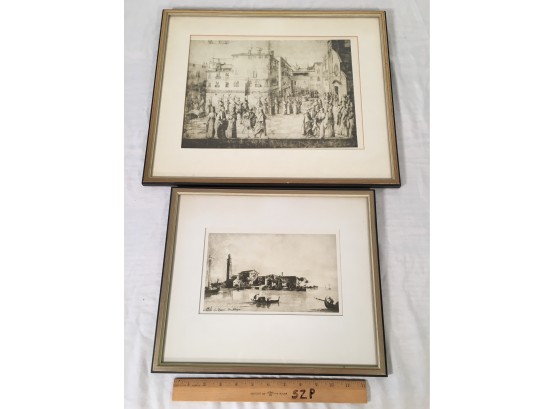 Pair Of Prints Of European Etchings Framed Under Glass
