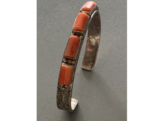Native American Silver Bracelet With Orange Turquoise Stones
