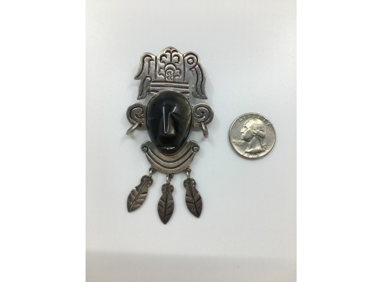 Vintage Mayan Face Mask Sterling Silver & Onyx Pendant