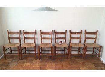 Set Of Six Oak Dining Chairs With Rush Seat