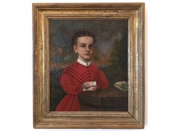 Antique 19th-C. Primitive Portrait Of A Young Lady In A Red Dress, American