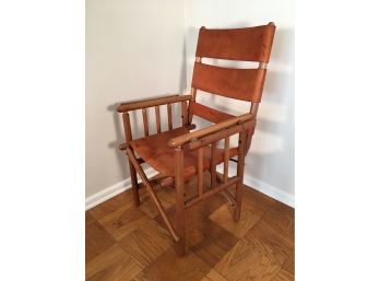 Mid-Century Walnut And Leather Folding Campaign Chair