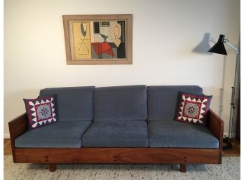 Mid-Century Simon Watts Walnut Sofa With Original Blue Upholstery