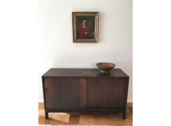 Mid-Century Small Stained Walnut Credenza With Sliding Doors