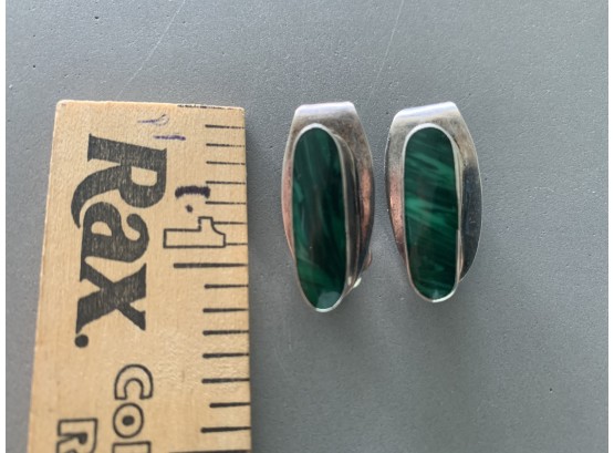 Pair Vintage Taxco Mexico Malachite & Sterling Earrings Hand Crafted
