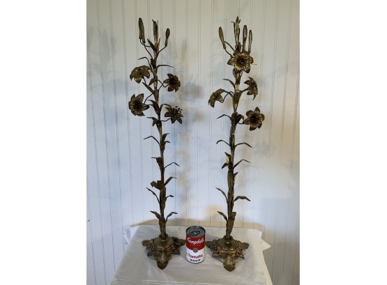 Large Antique French Victorian Bronze Floral Candlesticks