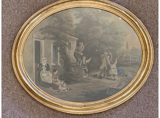 19th-Century Oil On Board Farm Yard Scene In Oval Frame