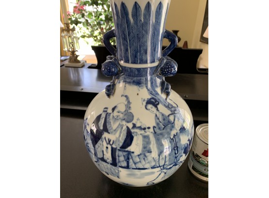Large Antique Chinese Blue & White Vase With People & Bird