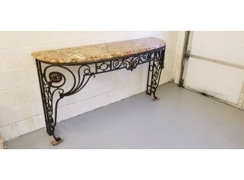 Antique French Wrought Iron & Arzo Marble Console Table W/ Scroll & Filigree