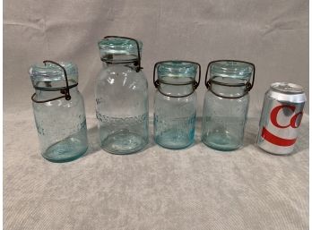 4 Antique Aqua LIGHTNING Canning Jars NOT DUG
