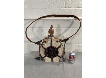 Antique Austrian Leather &Cow Hide Covered Decorated Canteen