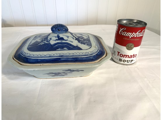 Antique Canton Blue & White Porcelain Covered Vegetable Chinese Export