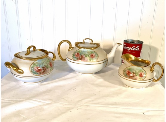 3 Pc. Antique Hutsehenreuther Porcelain Tea Set Signed By Artist