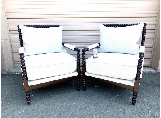 Pair Turned Solid Wood Upholstered Arm Chairs