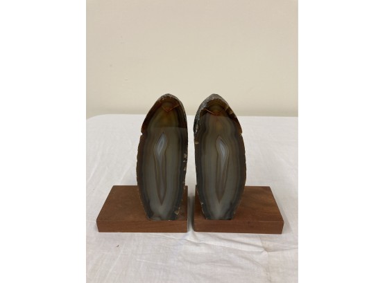 Natural Agate Bookends Mounted On Walnut Bases