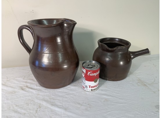 2 Pc. Antique Albany Glaze Stoneware Pitcher And Handled Pot