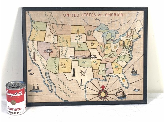 1920’s Map Of America Chain Stitch On Linen Picture
