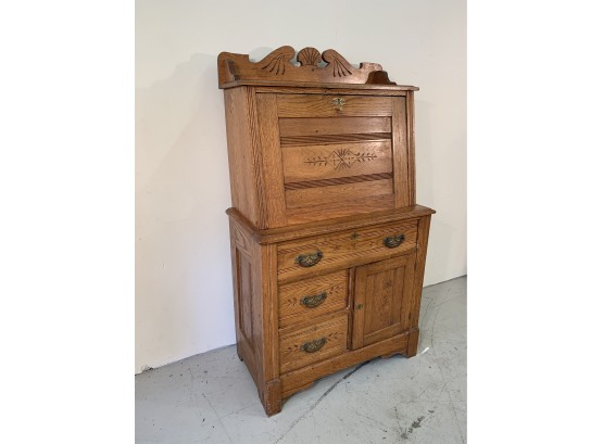 Small Antique Victorian Carved Solid Oak Slant Front Desk