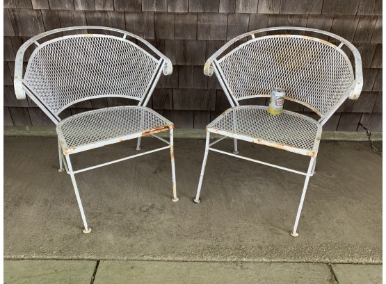 Pair Of Vintage Woodard Wrought Iron Arm Chairs In White