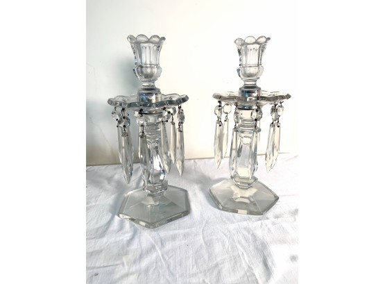 Pair Baccarat Quality Antique Candlesticks With Prisims