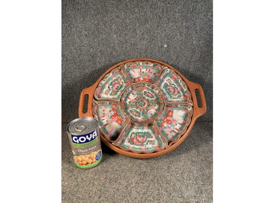 Chinese Rose Mandarin Sectional Serving Pieces In Teak Tray