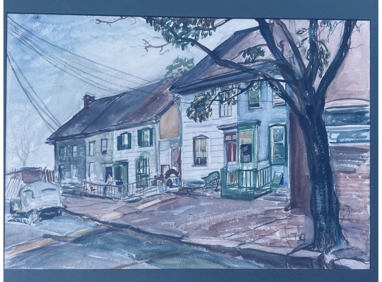 Vintage Watercolor On Paper New England Street Scene