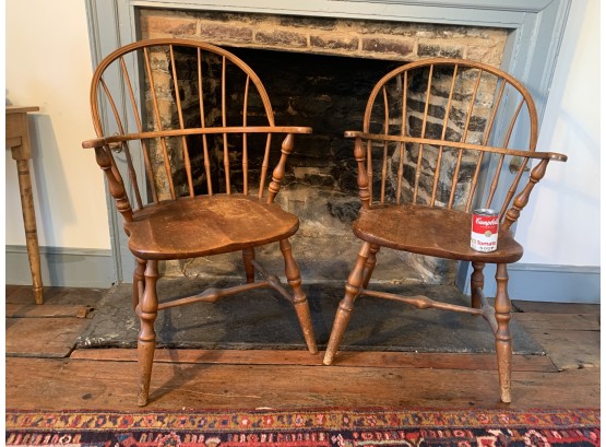 Pair Nichols & Stone Maple Windsor Arm Chairs