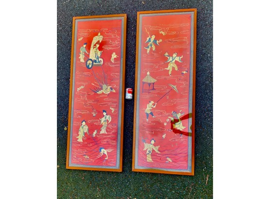 Pair Large Antique Chinese Silk Embroidered Panels