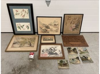 Lot Of 12 Paintings And Prints,  Carved Wood Panel