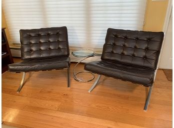 Pair Vintage Barcelona Chairs With Dark Chocolate Leather Upholstery