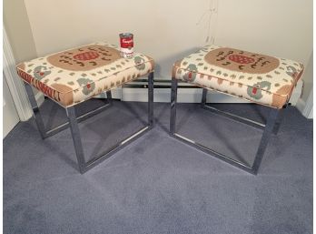 Pair Modern Chrome Upholstered Stools