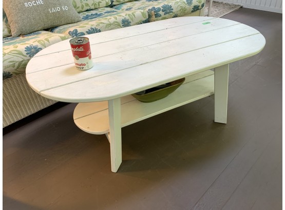 Vintage Oval Wooden Adirondack Style Coffee Table In White Paint