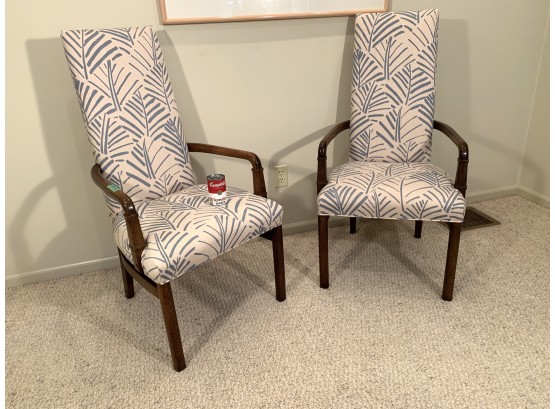 Pair Of Designer High Back Armchairs With Modern Palm Leaf Fabric