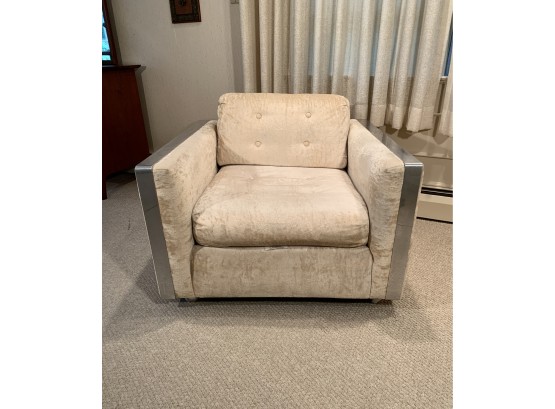 Mid-Century Era Baughman Style Chrome Moire Cotton Upholstery Cube Chair