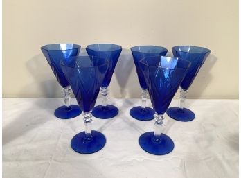 Set Of 6 Cobalt Blue Art Deco Era Wine Glasses 6”