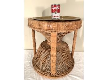 Mid Century Era  Rattan Round Side Table With Brass Top
