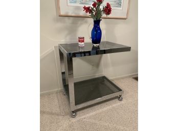 Milo Baughman Style Rolling Chrome Cantilevered Serving Cart
