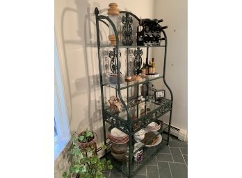 Metal Bakers Rack With Glass Shelves Forrest Green Patina