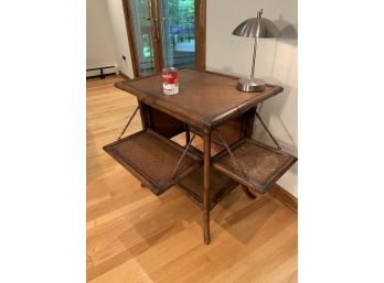 Contemporary Tommy Bahama Style  Bamboo And Caned Table With Drop Shelves